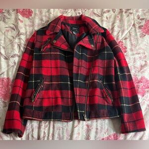 Forever 21 Women’s Premium Label Red Plaid Moto Jacket